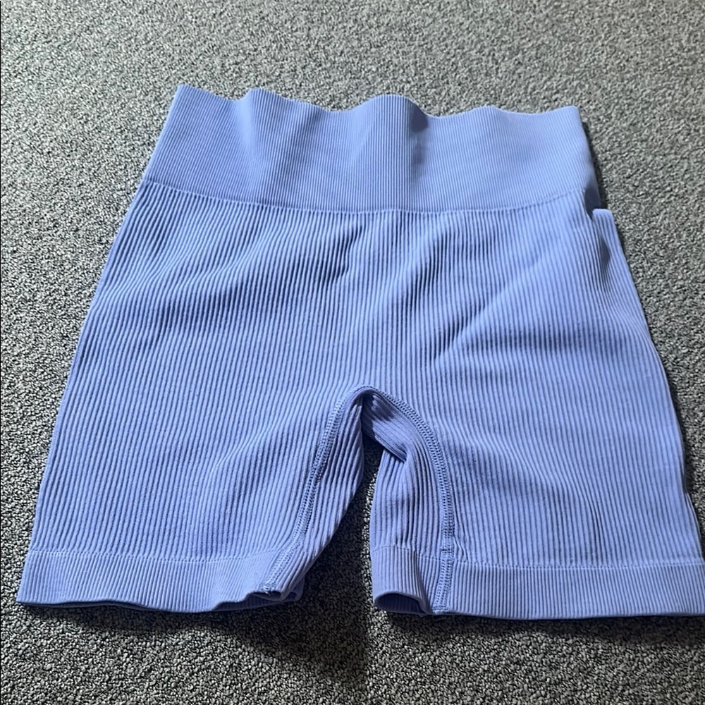 SHEIN Blue Bike Shorts with High-Rise Waistband and Ribbed Fabric